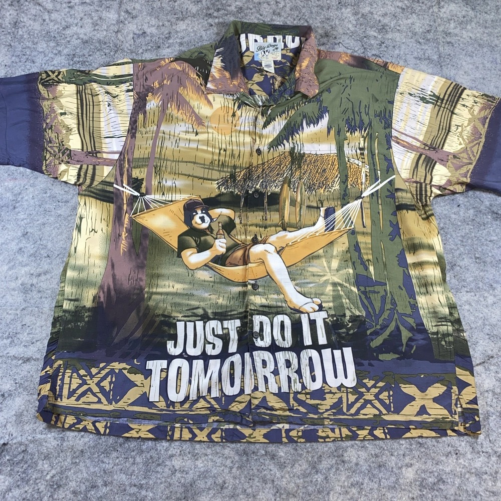 Big Dogs Camp Shirt Men's 3X Hawaiian Just Do it Tomorrow Double-Sided Casual